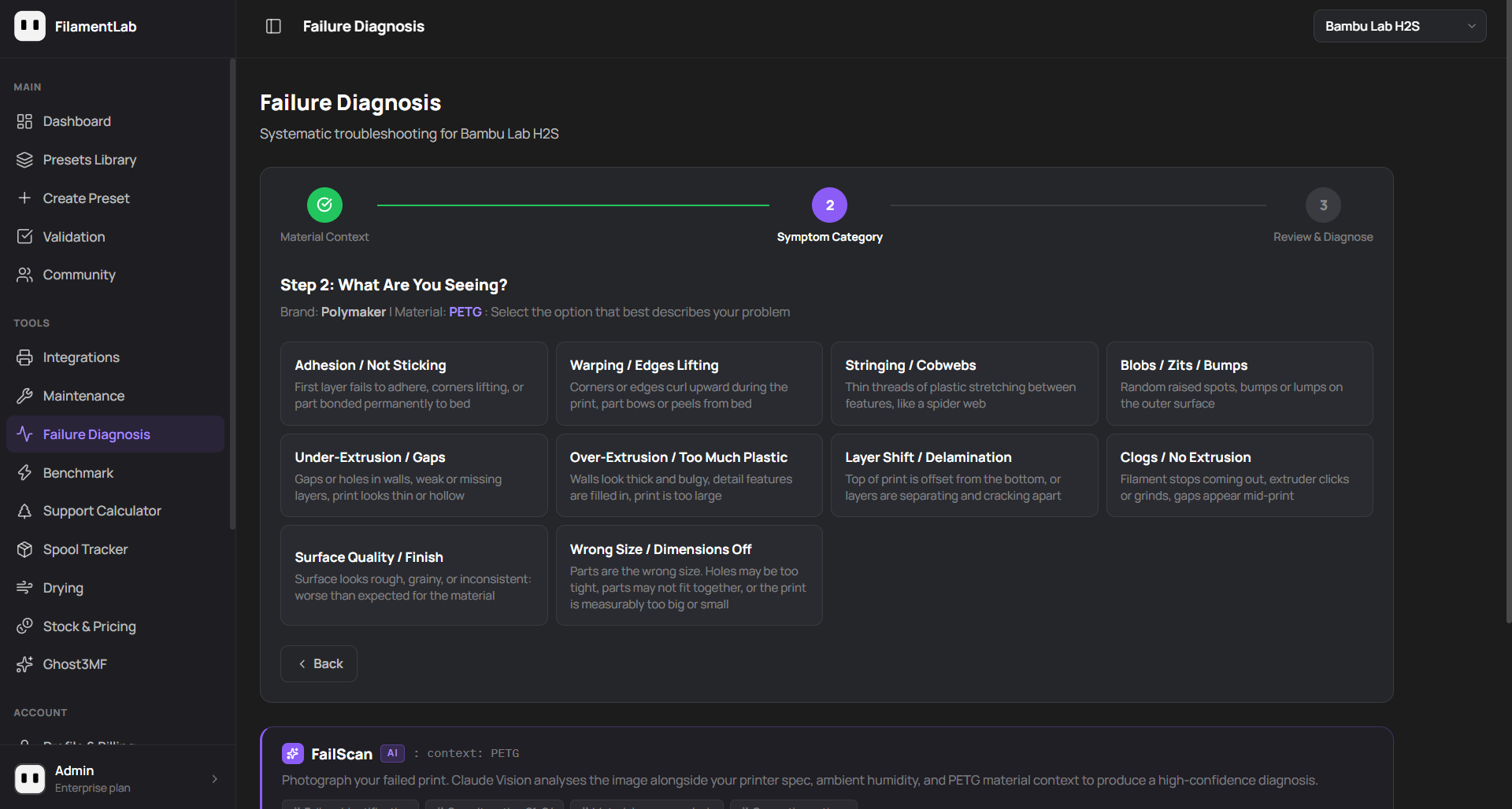 FilamentLab Failure Diagnosis tool showing symptom categories for Polymaker PETG, including Stringing / Cobwebs