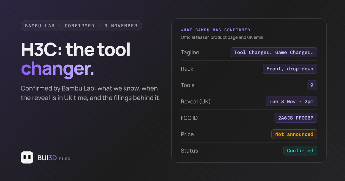 Bambu Lab H3C fact sheet: confirmed nine-tool tool changer, front drop-down rack, reveal Tuesday 3 November at 2pm UK time, FCC ID 2A6J8-PF008P, price not announced