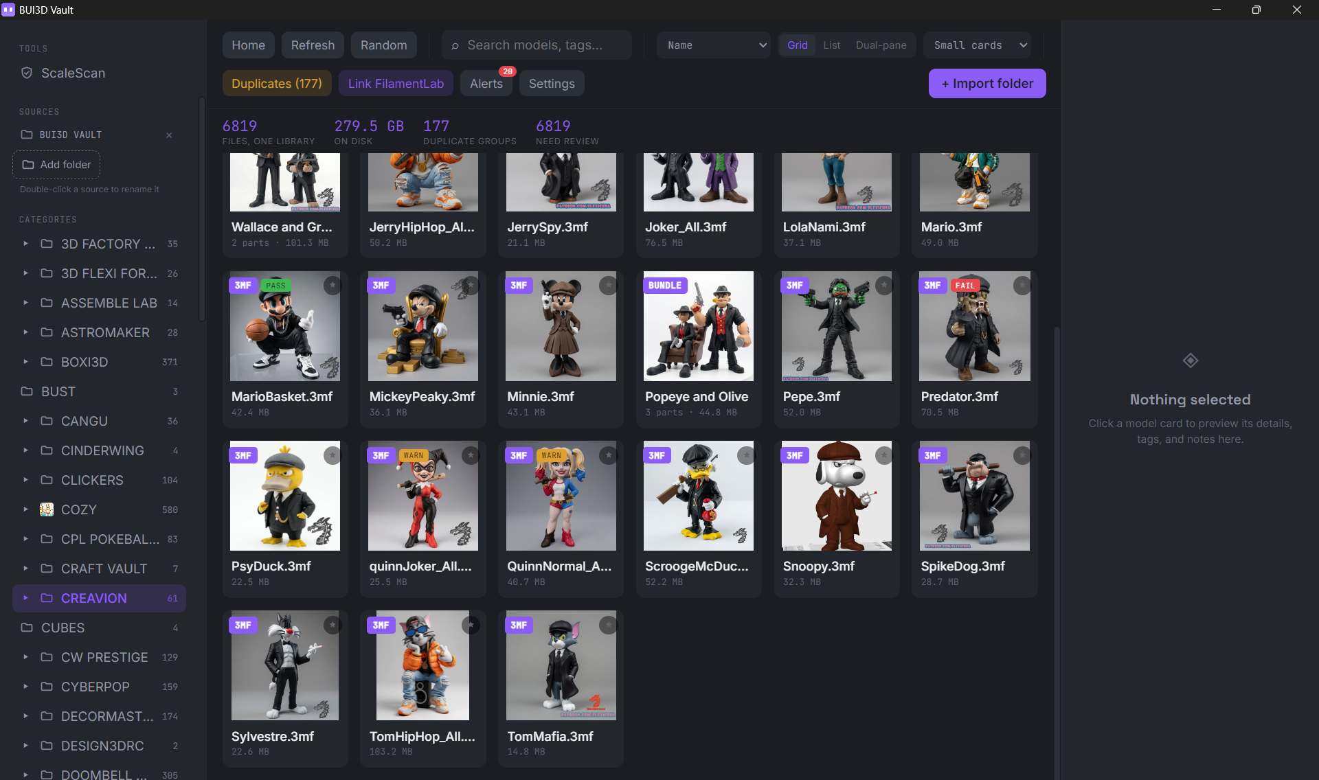 BUI3D Vault desktop app showing a local 3D print file library with 6,819 files and 177 duplicate groups detected
